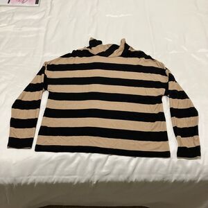 Chicos Striped Top Brown Black Stretchy 1/4 Zip Chico's Size 2 = L (12)